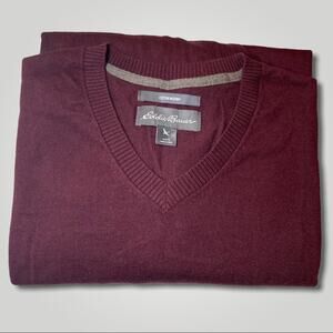 EDDIE BAUER COTTON / WOOL PREPPY V-NECK SWEATER MAROON - L